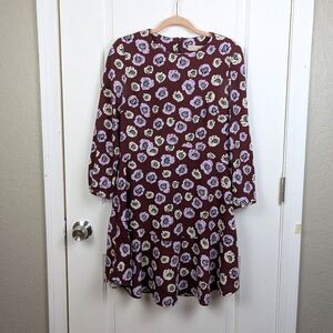 loft brown floral dress LOFT Brown Beige Blue Floral Ruched Long Sleeve Midi Dress Petite M